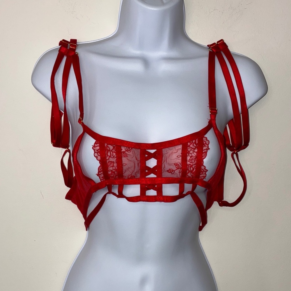 428 Sexy Hustler Bralette Size 8 Red Strappy Cage Floral Embroidered Sheer